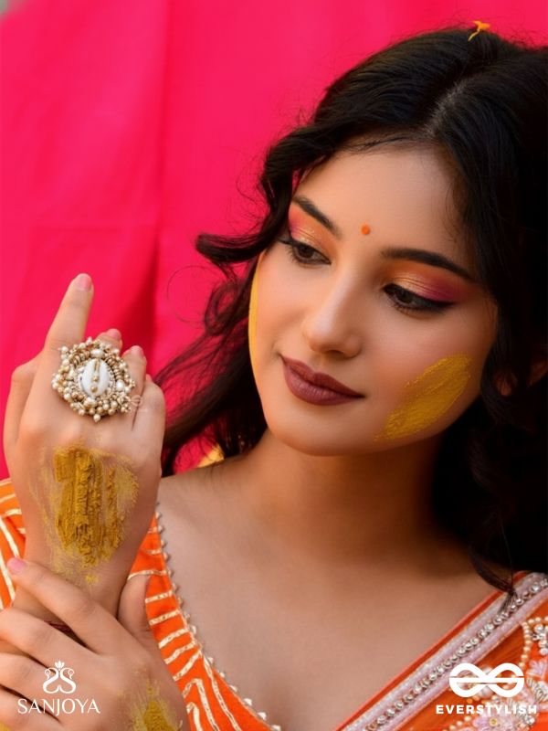 Pratisanshru - The Shore Promise - Shell And Beads Hand Embroidered Golden Ring (Adjustable)