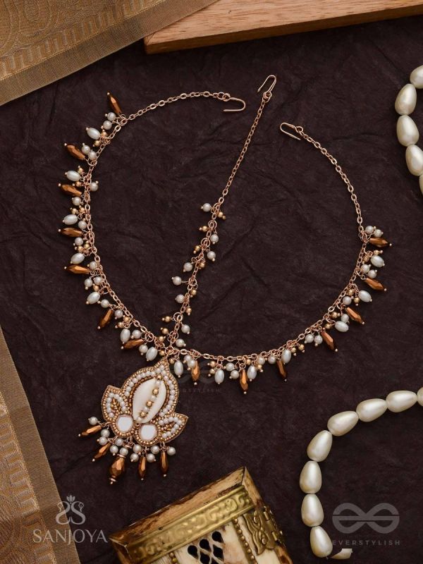 Roopdheya - The Budding Beauty - Shell, Mirrors, Beads And Glass Drops Hand Embroidered Maangtika
