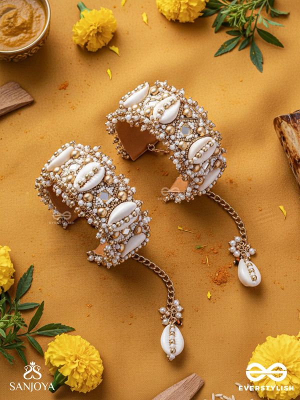 Prachurya - The Marine Abundance - Shells, Mirrors And Beads Hand Embroidered Cuff Bracelets (Set Of 2)
