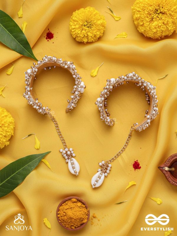 Prachurya - The Marine Abundance - Shells, Mirrors And Beads Hand Embroidered Cuff Bracelets (Set Of 2)