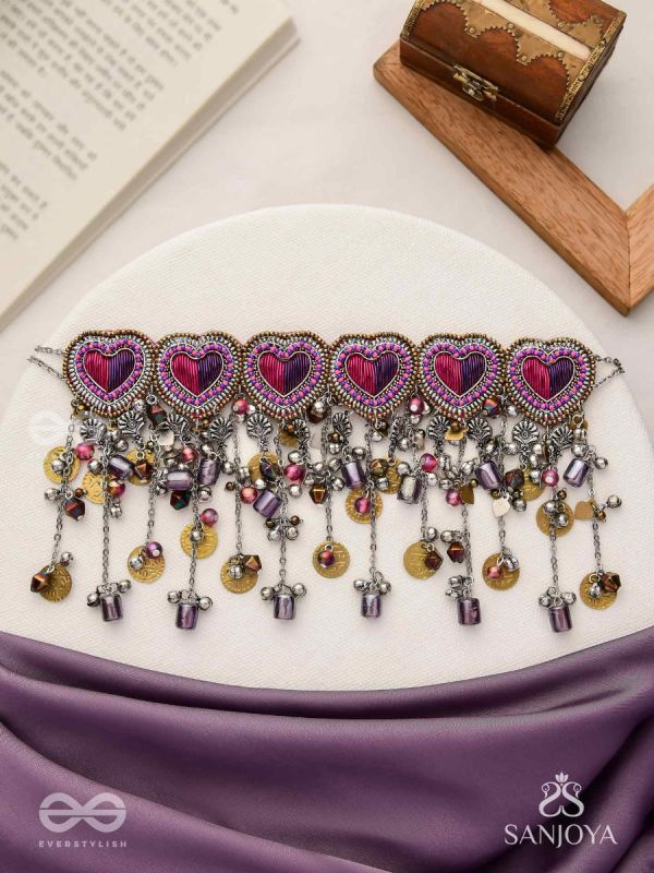Prageet - Song Of The Hearts - Resham, Dabka, Beads And Coins Hand Embroidered Oxidised Choker Neckpiece