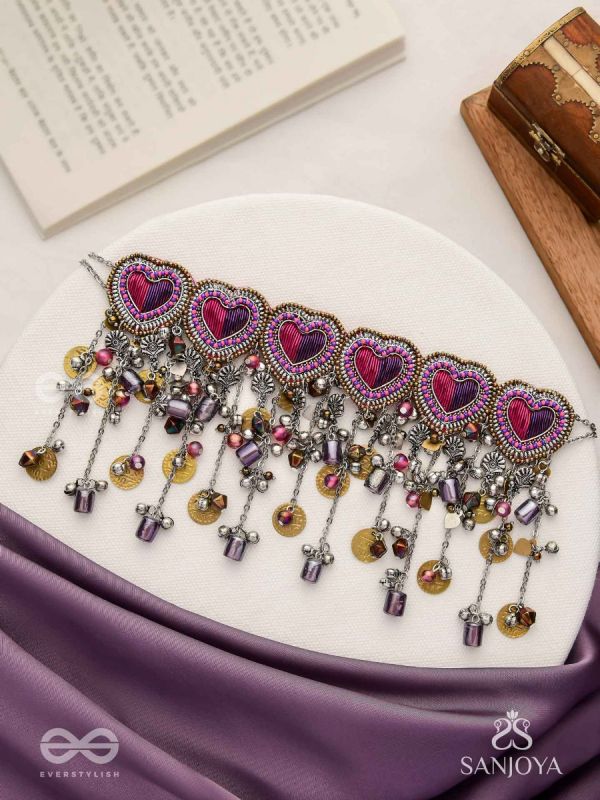 Prageet - Song Of The Hearts - Resham, Dabka, Beads And Coins Hand Embroidered Oxidised Choker Neckpiece