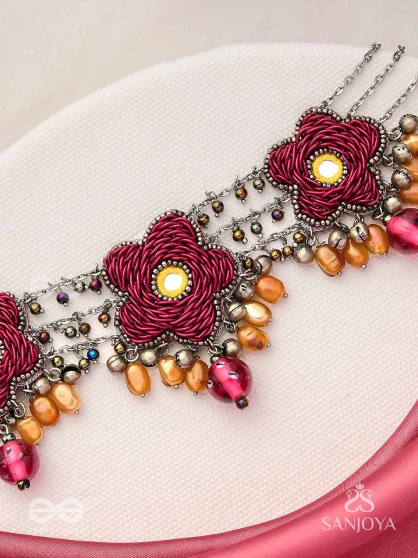 Sumanas - The Burgundy Flowers - Mirror, Resham, Dabka And Glass Drops Hand Embroidered Oxidised Choker Neckpiece