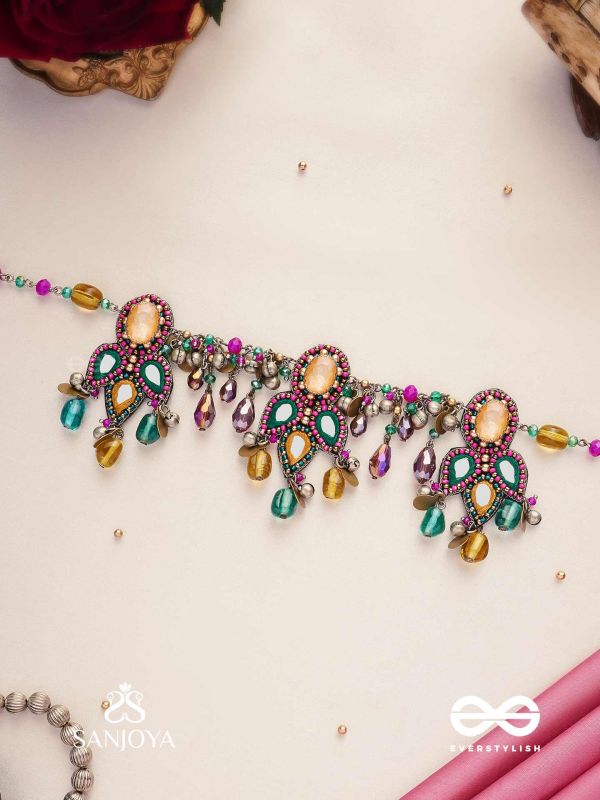 Bhramaparna - The Spell Of Stones - Stones, Mirror, Coins And Glass Drops Hand Embroidered Oxidised Choker Neckpiece