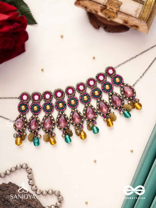 Vashikrit - The Hypnotic Tiers - Mirror, Stones, Coins And Glass Drops Hand Embroidered Oxidised Choker Neckpiece