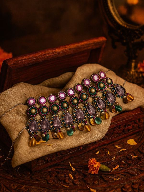 Vashikrit - The Hypnotic Tiers - Mirror, Stones, Coins And Glass Drops Hand Embroidered Oxidised Choker Neckpiece