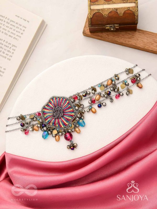 Shaleenta - The Shy Posy - Resham, Dabka And Glass Drops Hand Embroidered Oxidised Choker Neckpiece
