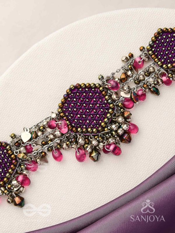 Sukhodaye - The Wine Honeycomb - Beads And Glass Drops Hand Embroidered Oxidised Choker Neckpiece