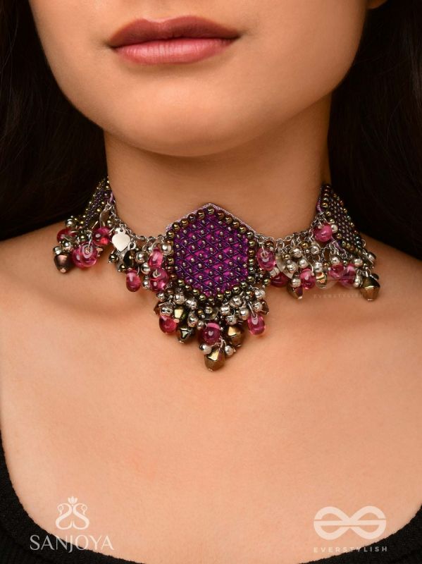 Sukhodaye - The Wine Honeycomb - Beads And Glass Drops Hand Embroidered Oxidised Choker Neckpiece