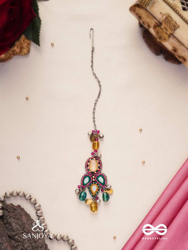Prashman - The Calming Beauty - Stones, Mirror, Coins And Glass Drops Hand Embroidered Oxidised Maangtika
