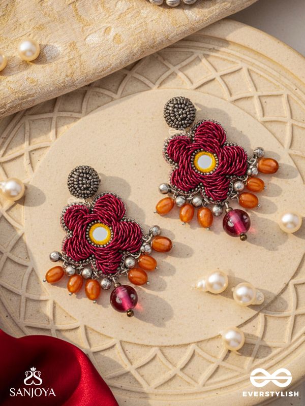 Svastmit - Bloom In The Sunset - Mirror, Dabka, Resham And Glass Drops Hand Embroidered Oxidised Earrings