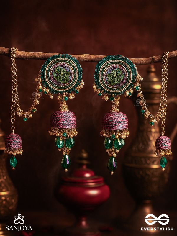 Puravati - The Vineyard Castles - Resham, Beads And Glass Drops Hand Embroidered Jhumka Chain Earrings