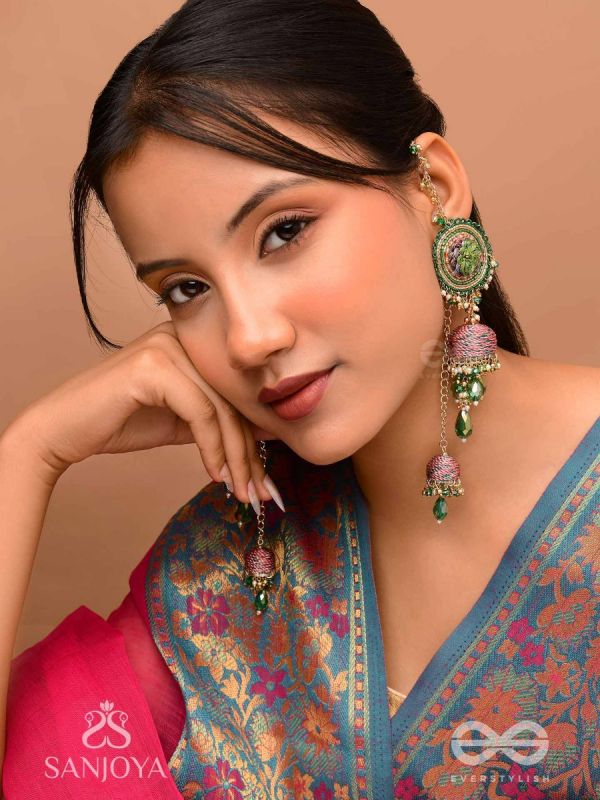 Puravati - The Vineyard Castles - Resham, Beads And Glass Drops Hand Embroidered Jhumka Chain Earrings