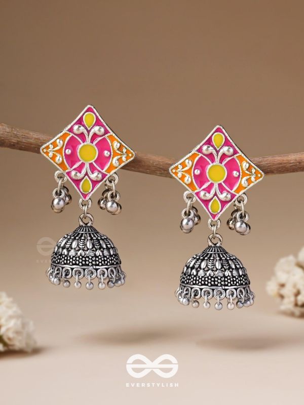 Melodies Of Twilight - Enamelled Oxidised Jhumka Earrings