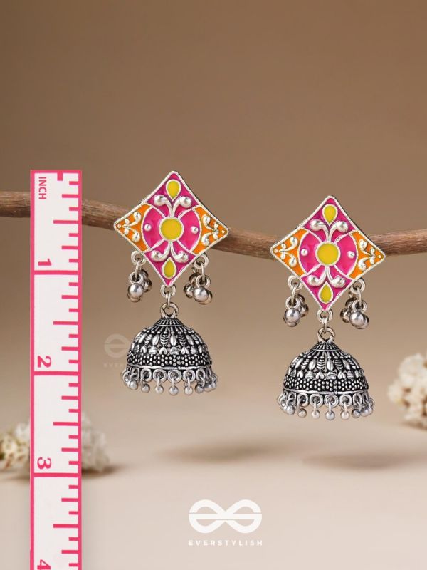 Melodies Of Twilight - Enamelled Oxidised Jhumka Earrings