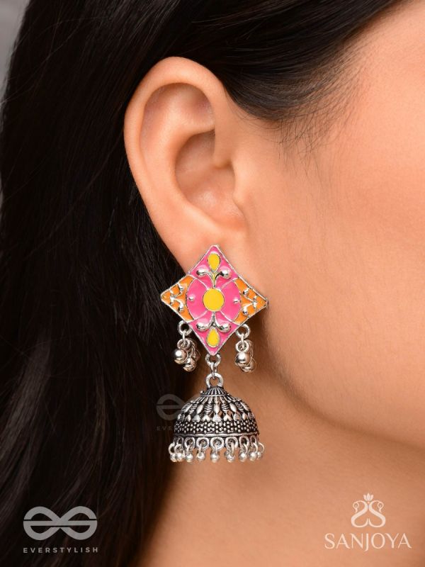 Melodies Of Twilight - Enamelled Oxidised Jhumka Earrings