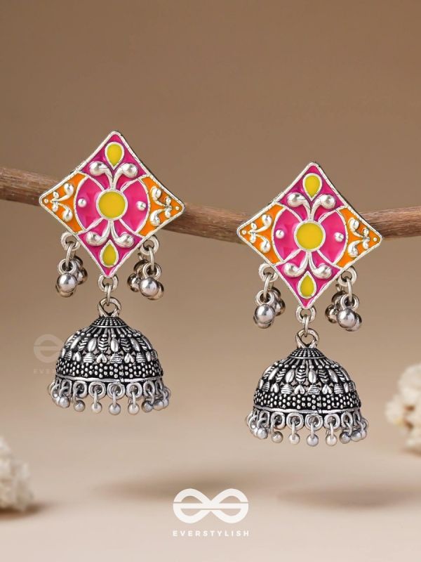 Melodies Of Twilight - Enamelled Oxidised Jhumka Earrings