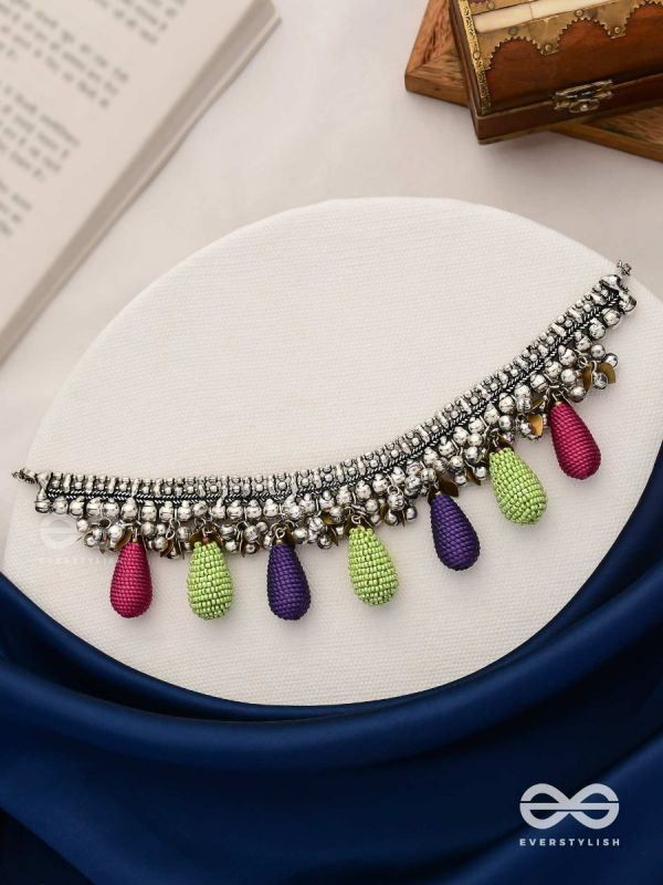Drops Of Intricacy - Beads And Coins Oxidised Hand Embroidered Choker Neckpiece