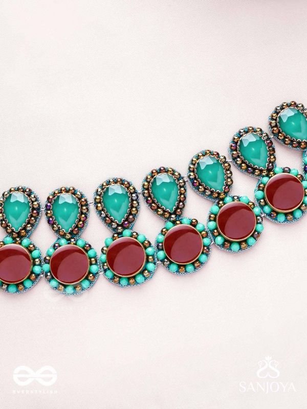 Palash - The Green Serenade - Stones And Beads Hand Embroidered Choker Neckpiece