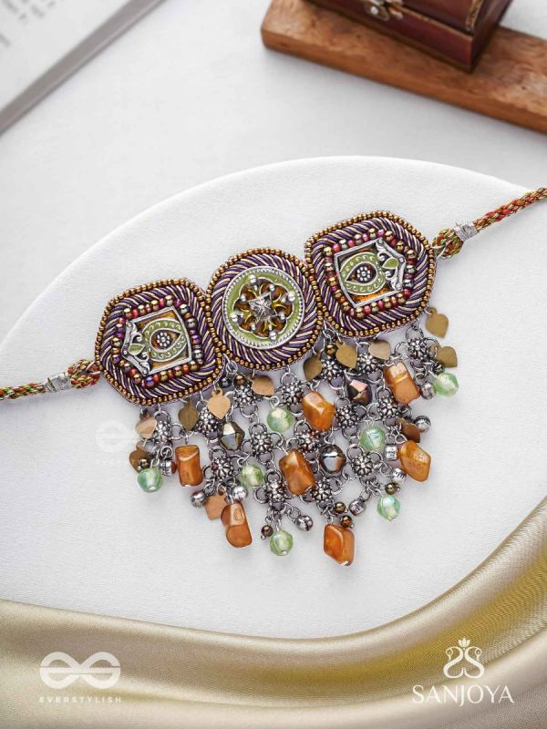 Adrikila - The Earth-Bound - Resham, Dabka And Glass Drops Hand Embroidered Oxidised Choker Neckpiece