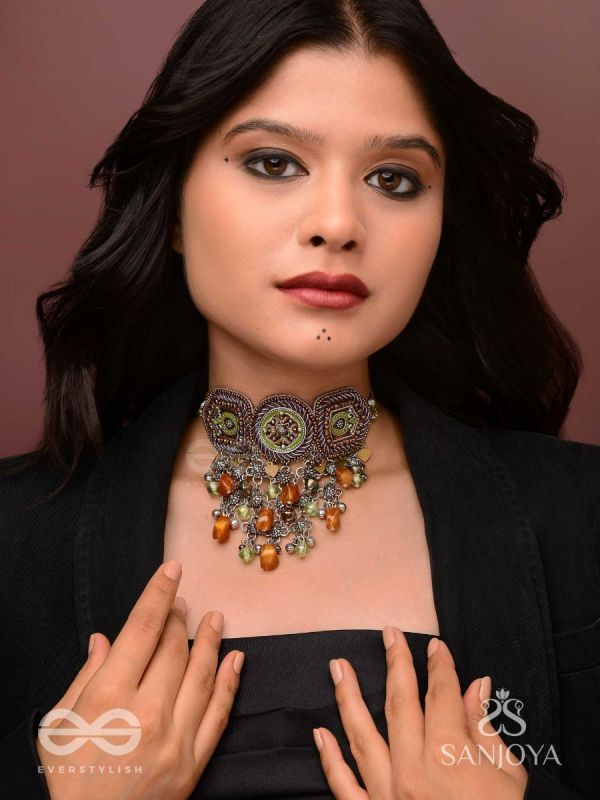Adrikila - The Earth-Bound - Resham, Dabka And Glass Drops Hand Embroidered Oxidised Choker Neckpiece
