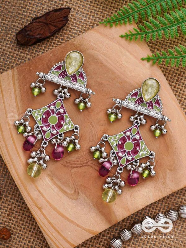 The Fresh Rubies - Stone And Glass Drops Enamelled Oxidised Earrings