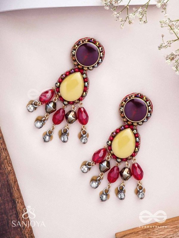 Vrind - The Creamy Berries - Beads, Glass Drops And Coins Hand Embroidered Oxidised Earrings