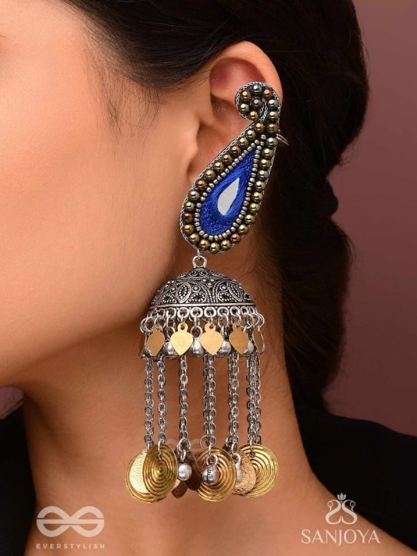 Svarsampad - The Feathery Melody - Beads, Mirror, Resham And Coins Hand Embroidered Oxidised Jhumka Earrings