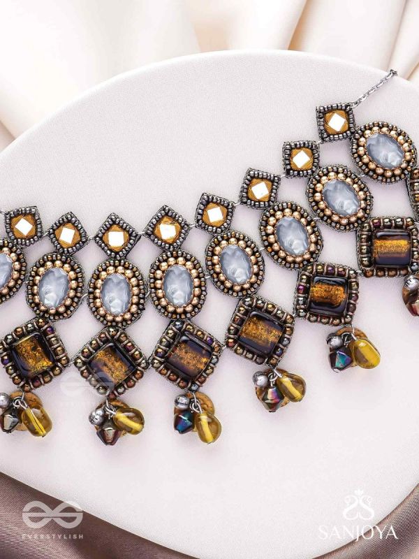 Haridhumra- The Amber Chestnut - Stones, Beads, Coins And Glass Drops Hand Embroidered Oxidised Neckpiece