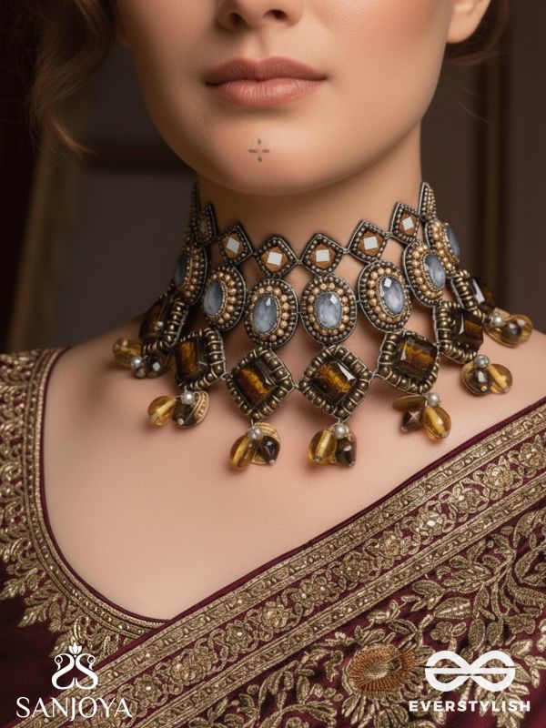 Haridhumra- The Amber Chestnut - Stones, Beads, Coins And Glass Drops Hand Embroidered Oxidised Neckpiece