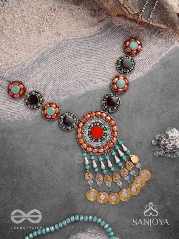 Arthanvit - The Spheres Of Wealth - Beads, Stones And Coins Hand Embroidered Oxidised Neckpiece