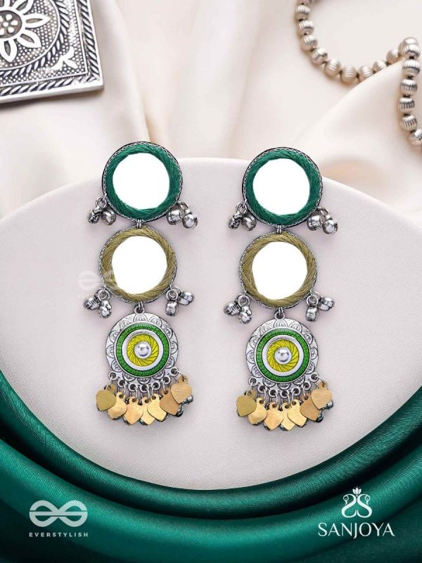 Abhatih - The Dancing Reflections - Mirrors, Resham And Beads Hand Embroidered Enamelled Oxidised Earrings 