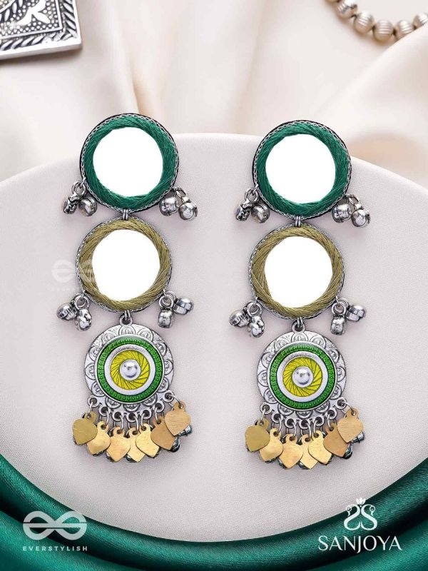 Abhatih - The Dancing Reflections - Mirrors, Resham And Beads Hand Embroidered Enamelled Oxidised Earrings 