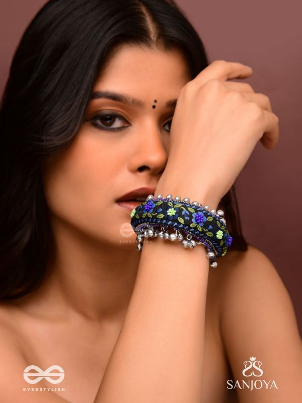 Padmacharini - The Divine Orchids - Resham And Beads Hand Embroidered Oxidised Cuff Bracelet