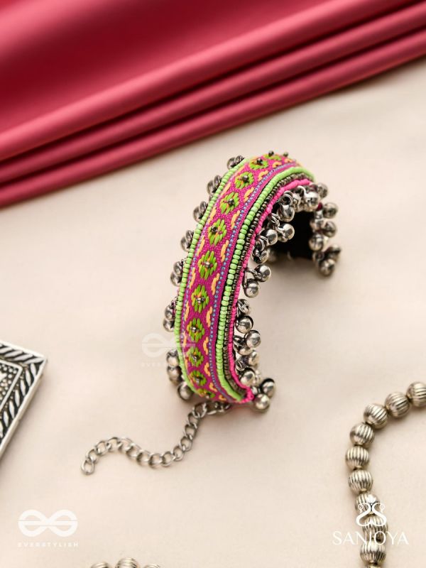 Shinjit - The Pastel Chimes - Resham And Beads Hand Embroidered Oxidised Cuff Bracelet