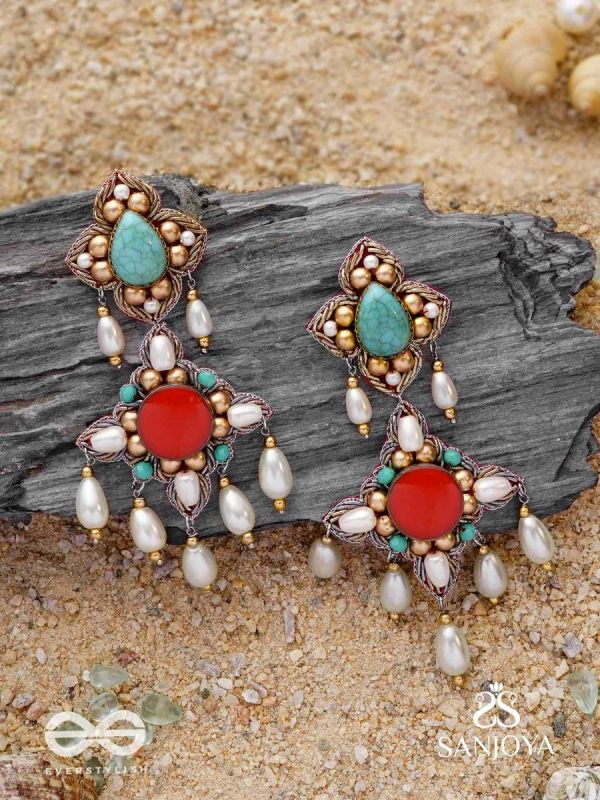 Kusumvat - The Blissful Flowers - Beads, Dabka And Pearl Drops Hand Embroidered Earrings