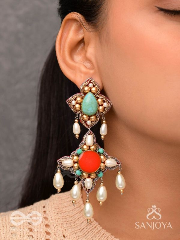 Kusumvat - The Blissful Flowers - Beads, Dabka And Pearl Drops Hand Embroidered Earrings
