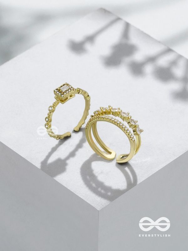 The Diamond Dreams - Golden Cubic Zirconia Rings (Set Of 2 Adjustable)
