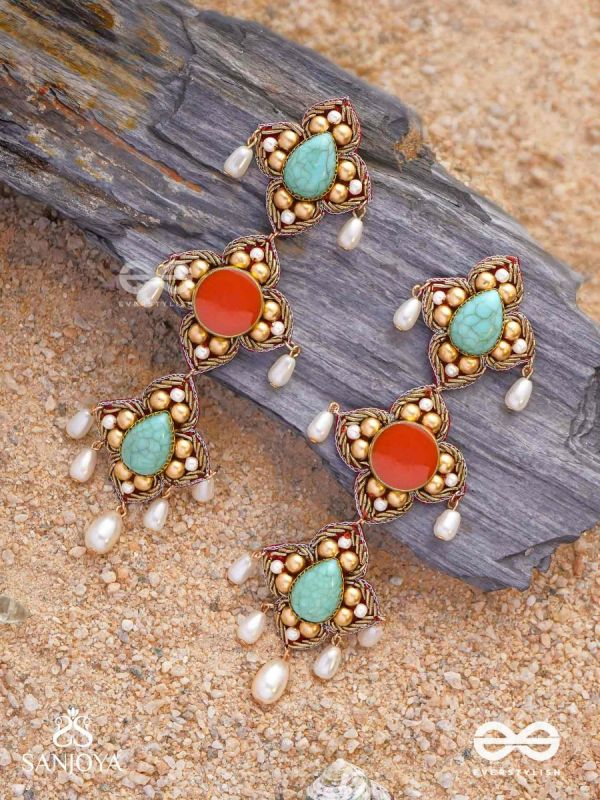 Bhritpushpa - The Floral Cascade - Beads, Dabka And Pearl Drops Hand Embroidered Earrings