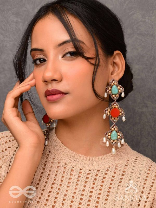 Bhritpushpa - The Floral Cascade - Beads, Dabka And Pearl Drops Hand Embroidered Earrings