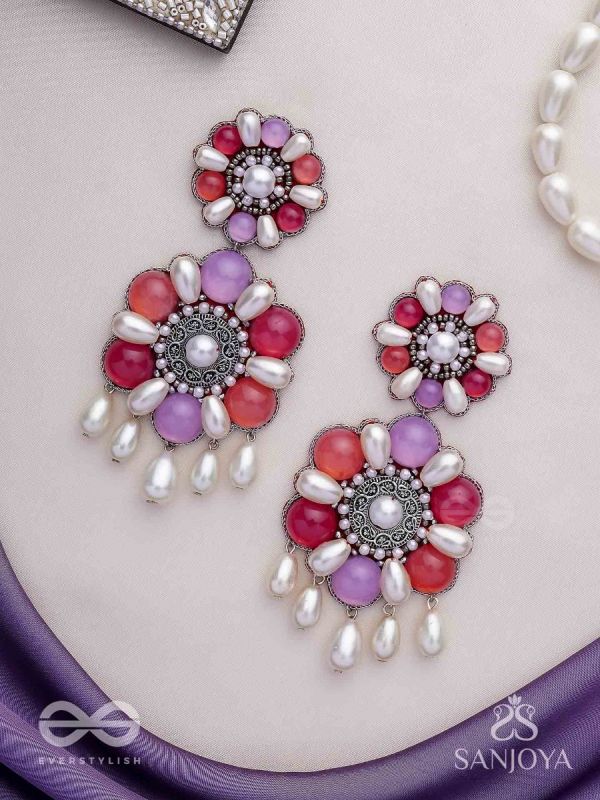 Laagnritt - Waltz Of The Flowers - Beads And Pearl Drops Hand Embroidered Oxidised Earrings