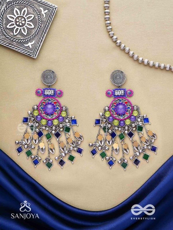 Bahushast - The Merry Sky - Beads And Shells Hand Embroidered Enamelled Oxidised Earrings