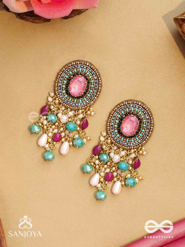 Prakhyaih - The Hazy Splendor - Stones, Beads And Pearl Drops Hand Embroidered Earrings