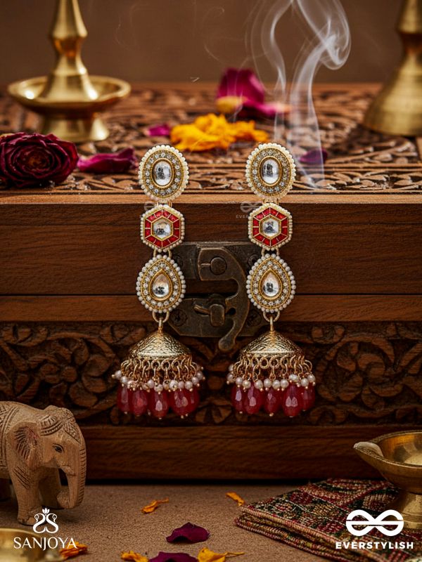 Suvarnmani - The Golden Gem –Golden enamel earrings adorned with gemstones and dangling beads