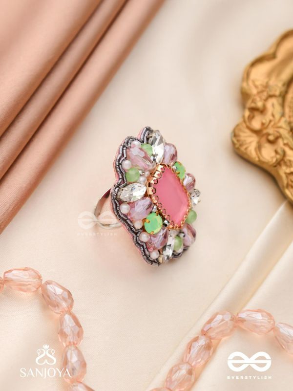 SUKRATMANI –WELL-CRAFTED GEM –HAND EMBROIDERED PINK RING EMBELLISHED WITH STONES AND PEARLS
