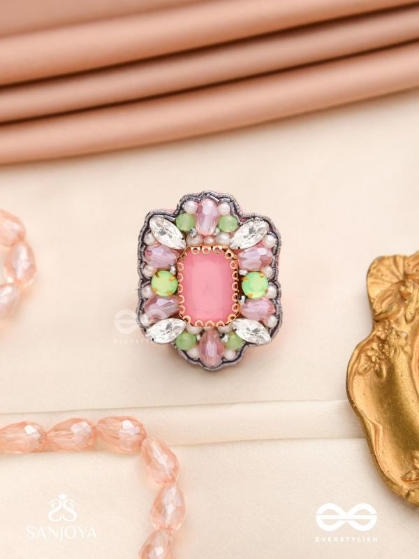 SUKRATMANI –WELL-CRAFTED GEM –HAND EMBROIDERED PINK RING EMBELLISHED WITH STONES AND PEARLS