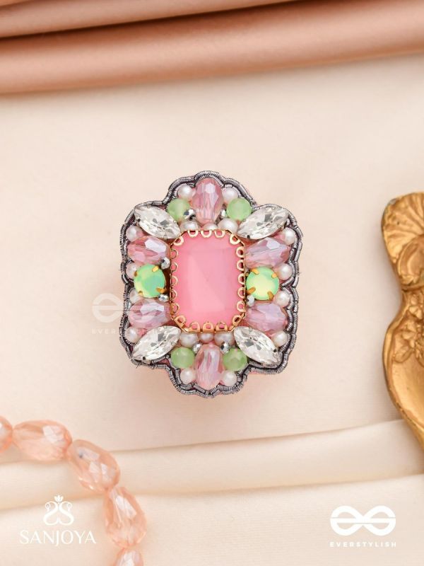 SUKRATMANI –WELL-CRAFTED GEM –HAND EMBROIDERED PINK RING EMBELLISHED WITH STONES AND PEARLS