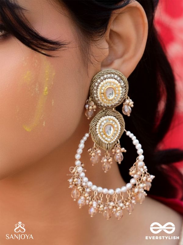 Suvarnkantika – Golden radiance – Gold toned, Kundan embellished earrings with pearl and bead danglers