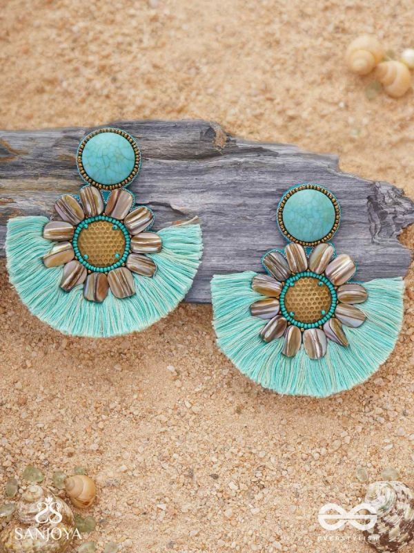Vibhusitpuspa - the adorned flower - embroidered flower earrings with turquoise tassles