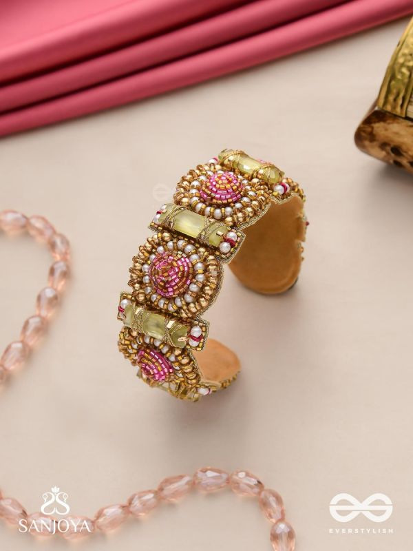 Manikarna - The Regal Gems - Pink and golden beads and stones embroidered bracelet